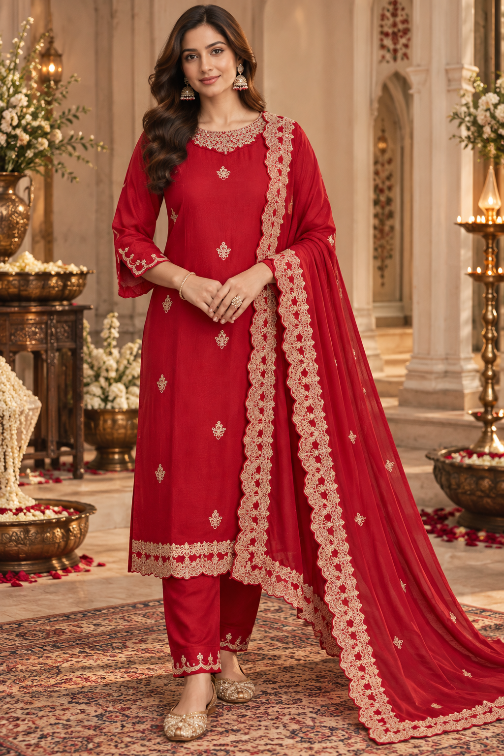 Ruby Floral Chinon Salwar Suit Set - full front with dupatta