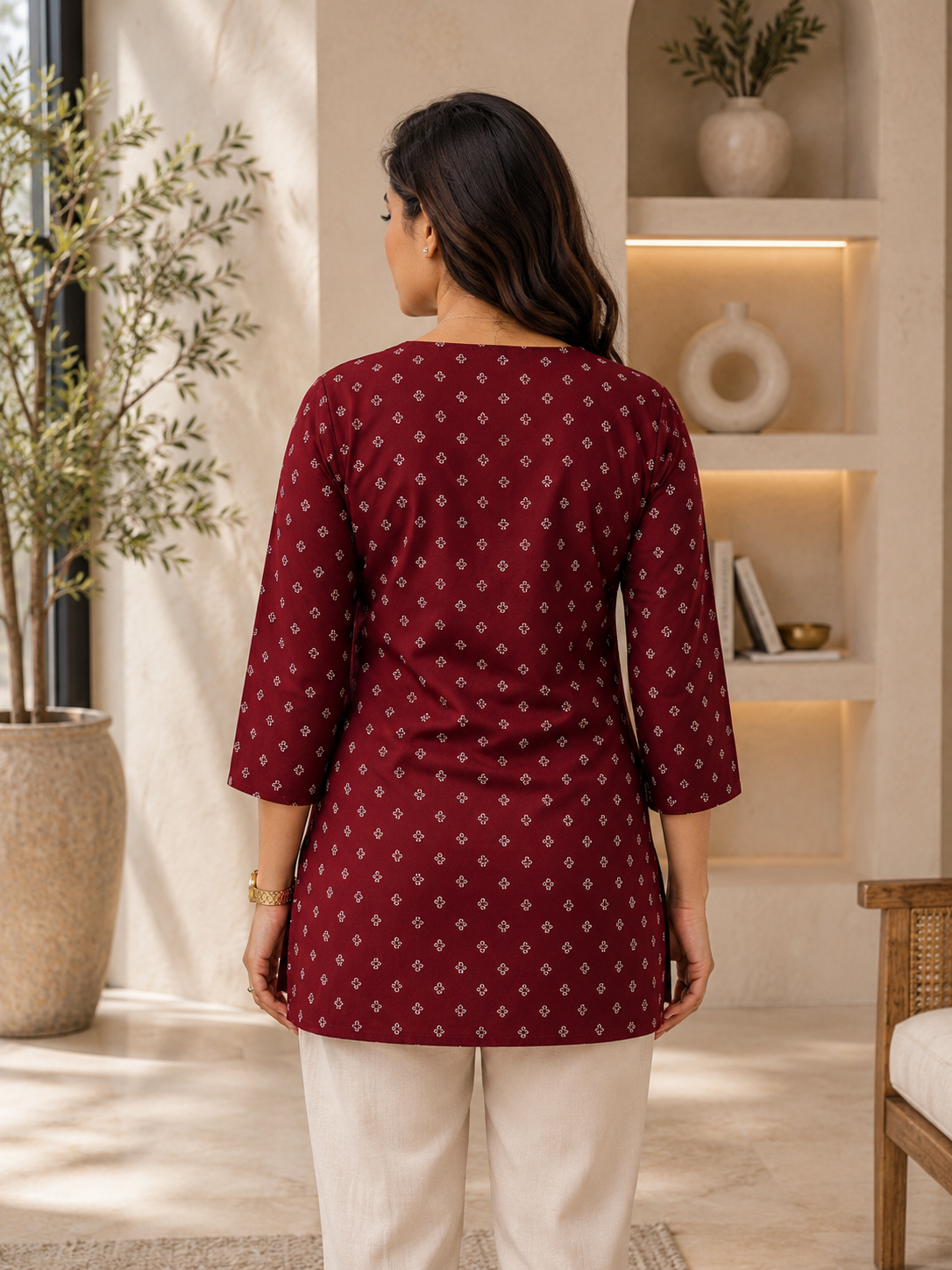 Maroon Ditsy Pintuck Kurti