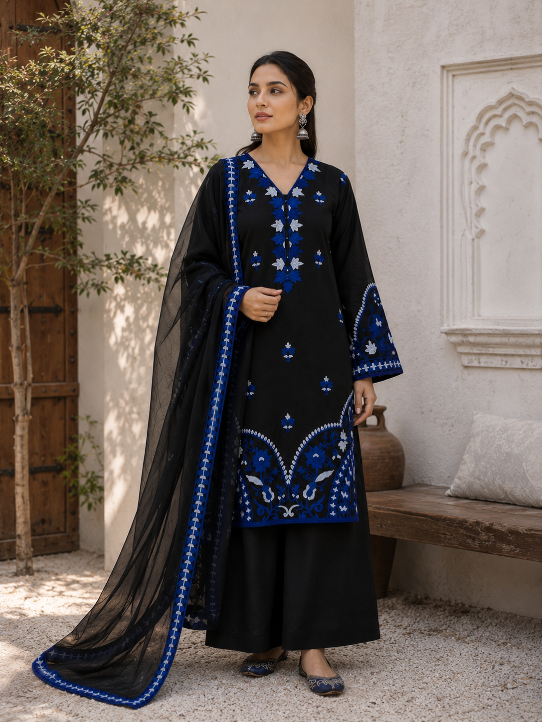 Midnight Blue Embroidered Kurta Set — full standing view with dupatta draped