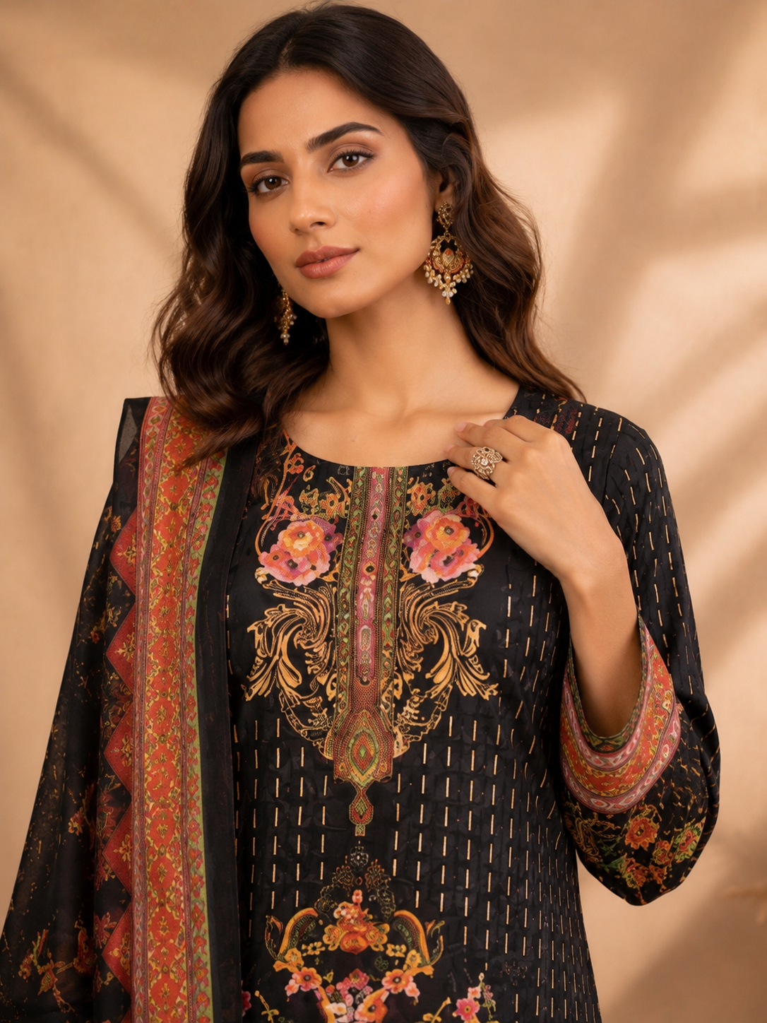 Black floral printed muslin kurta set - neckline detail