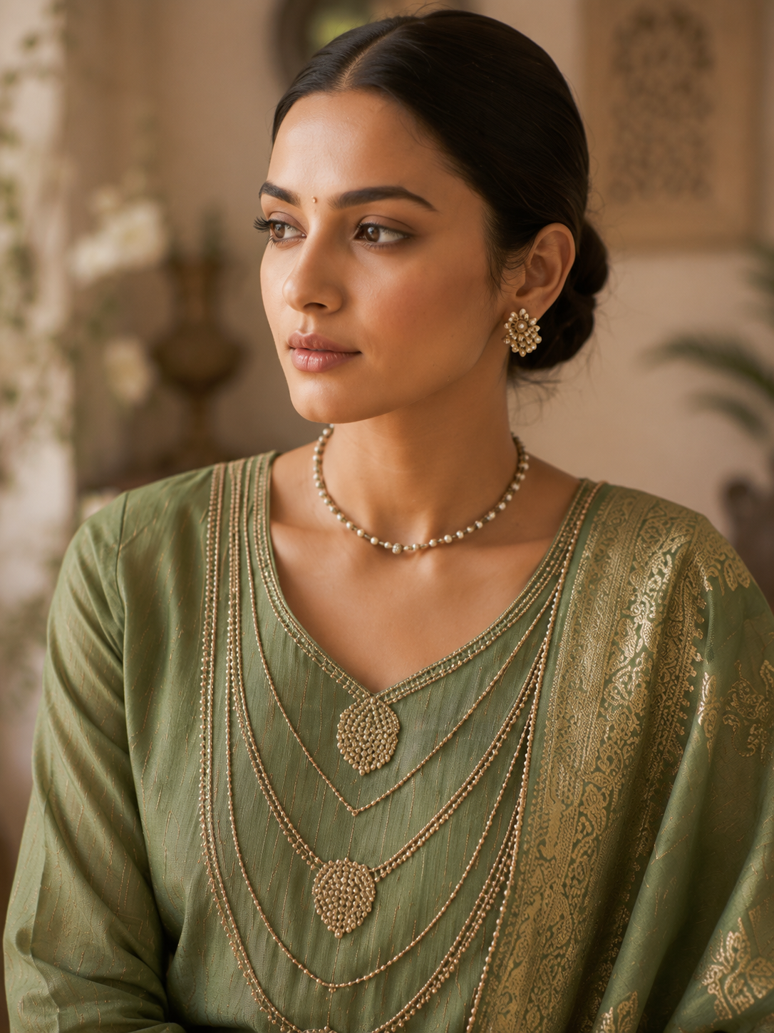 Olive Roman silk kurta set - embroidered neckline detail