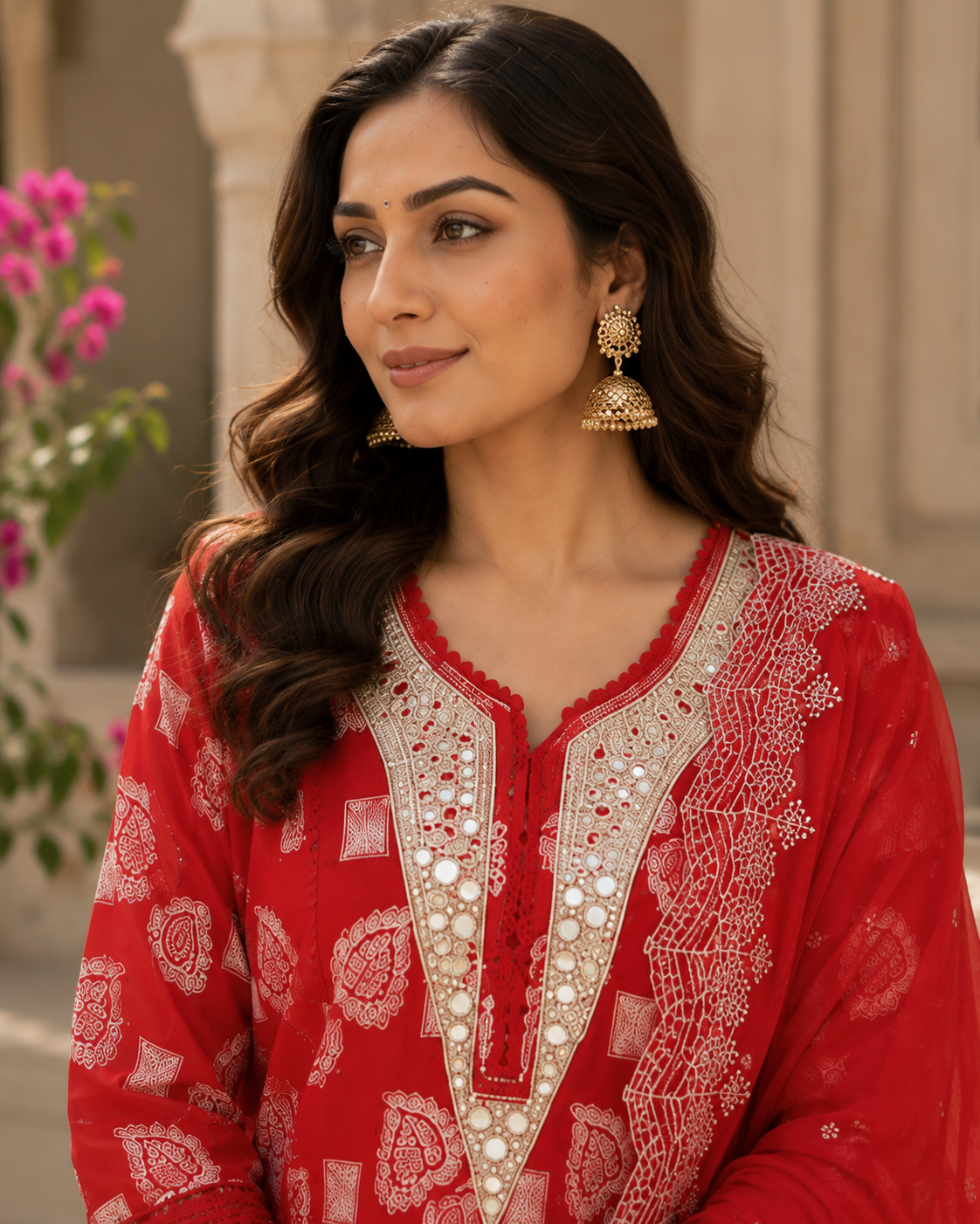 Scarlet mirror work kurta set - neckline detail