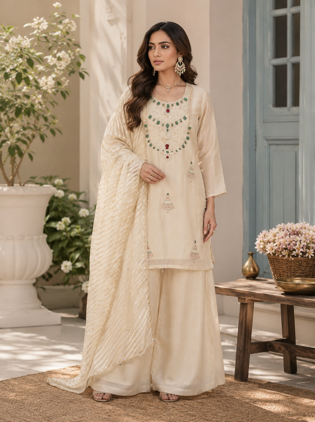 Ivory pearl shimmer sharara set - seated pose