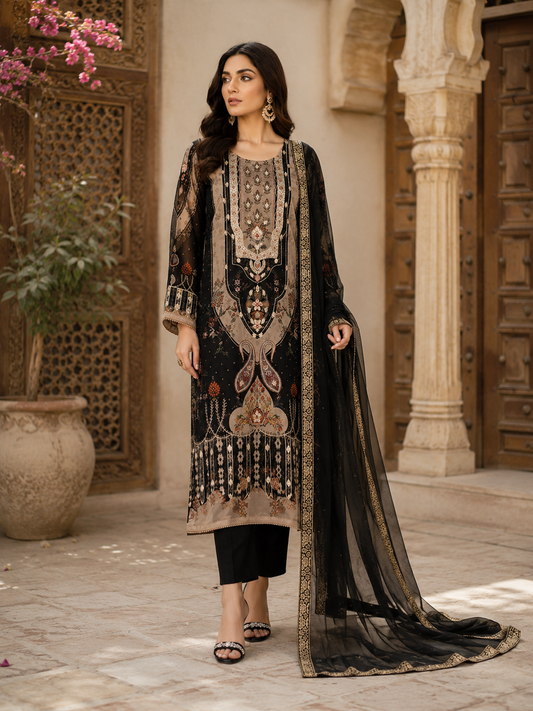 Noir zardozi silk kurta set - upper body detail