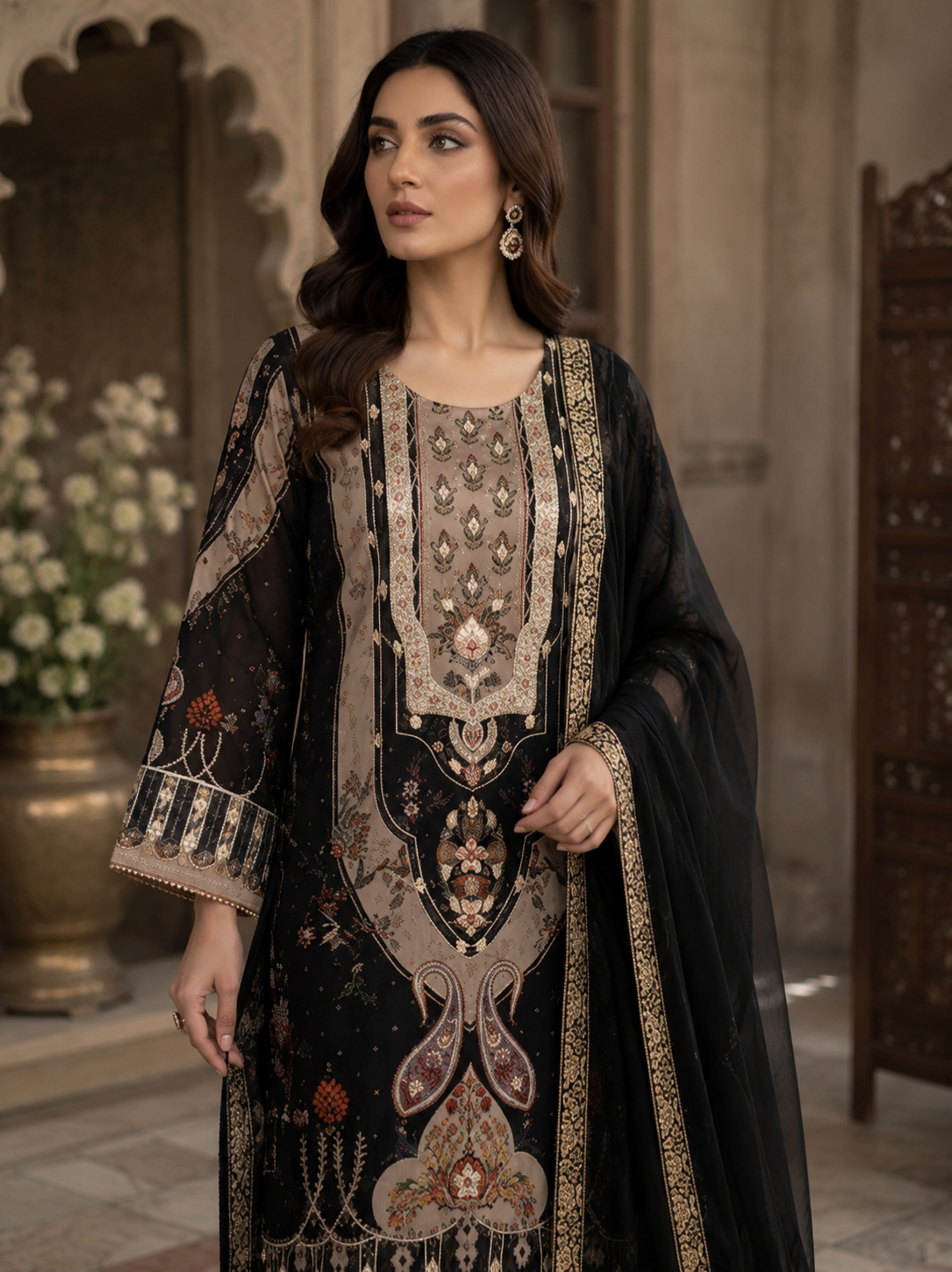 Noir zardozi silk kurta set - full length standing
