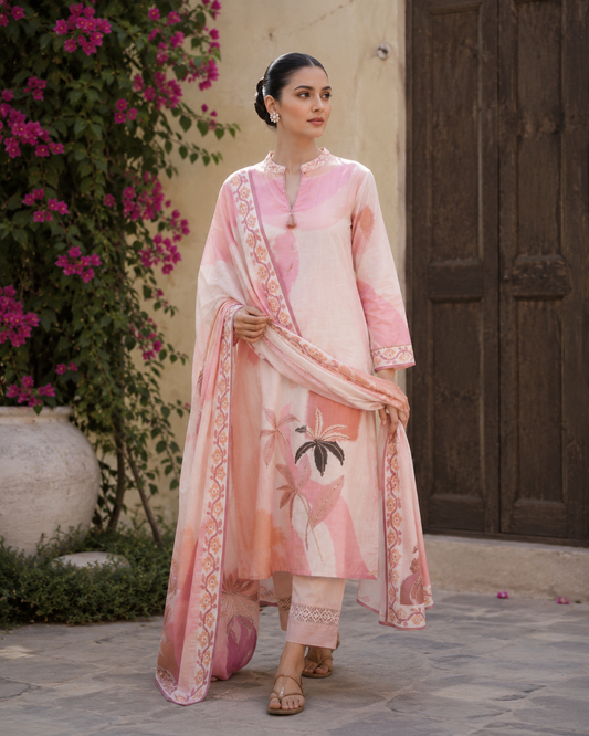 Blush Botanical Kurta Set — full standing view showing botanical print and lace hem