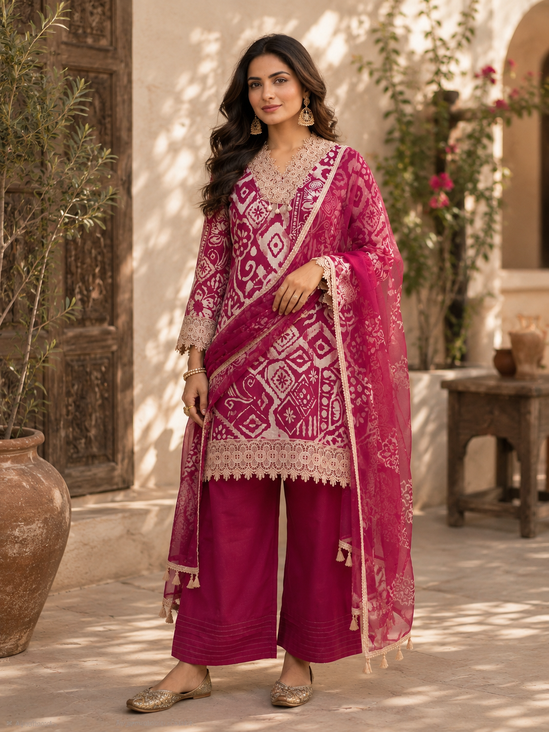 Magenta bandhani kurta set — standing full view