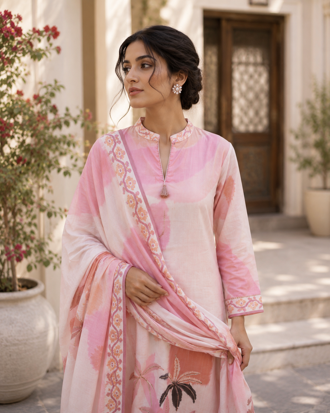 Blush Botanical Kurta Set — close-up of tassel neckline and dupatta border