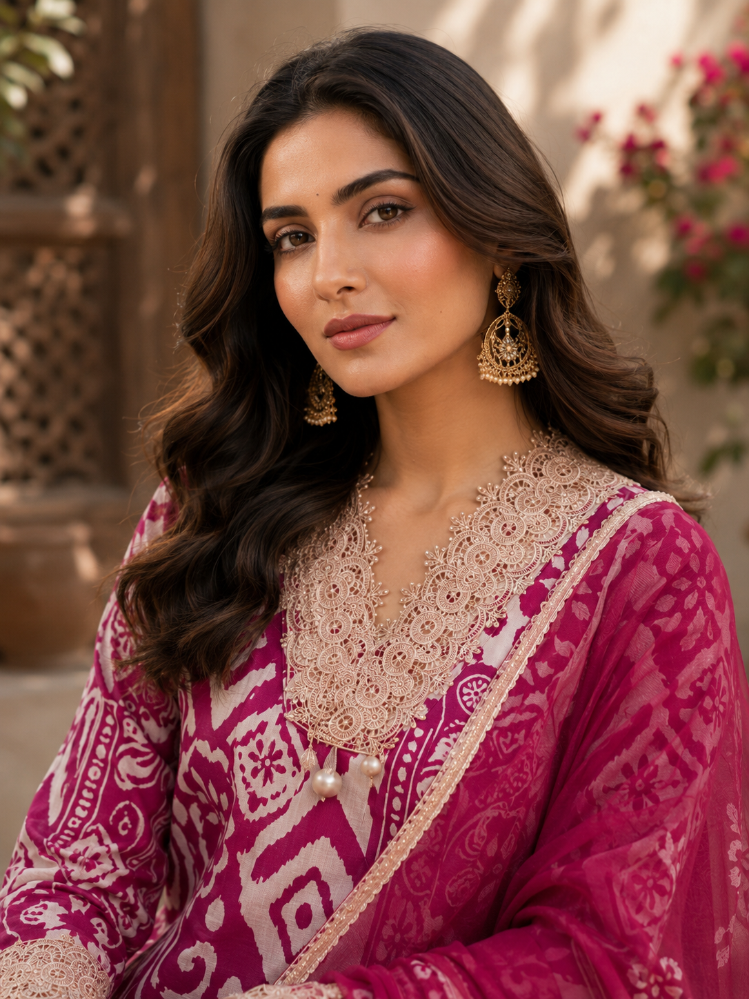 Magenta bandhani kurta set — neckline embroidery close-up