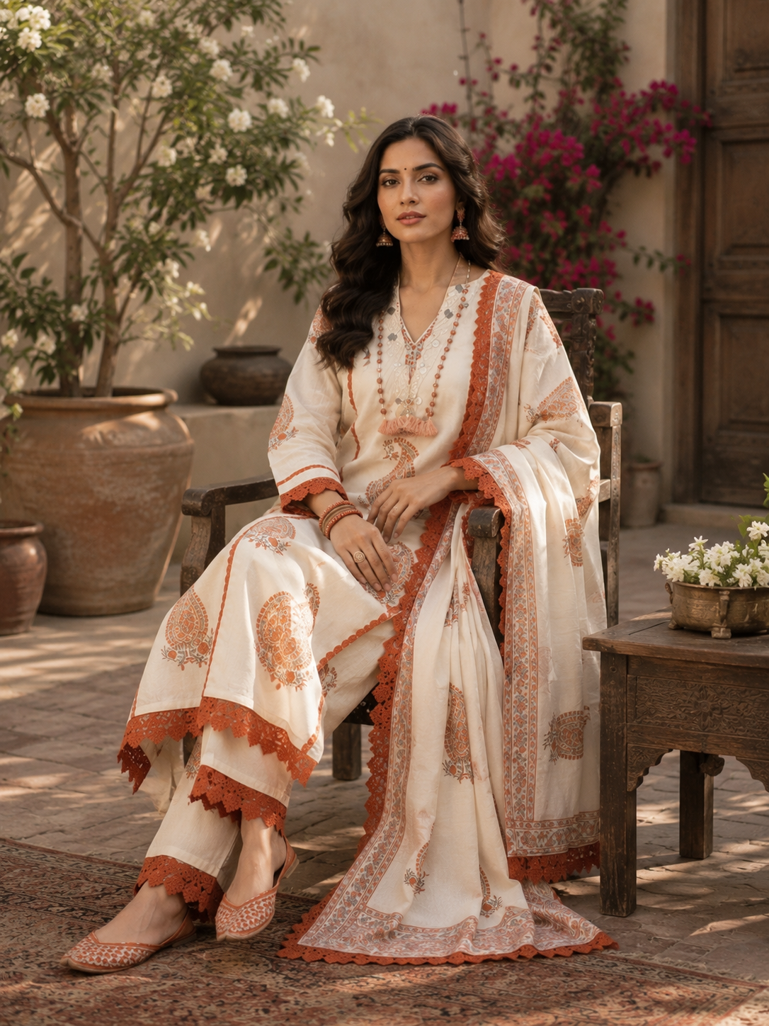 Ivory Paisley Kurta Set — seated full view with dupatta