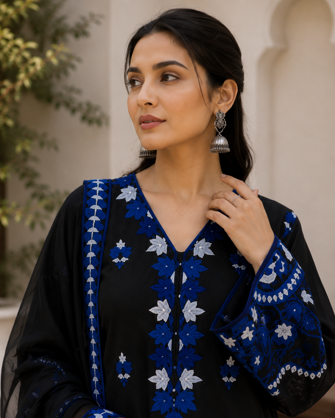 Midnight Blue Embroidered Kurta Set — close-up of neckline embroidery and dupatta drape