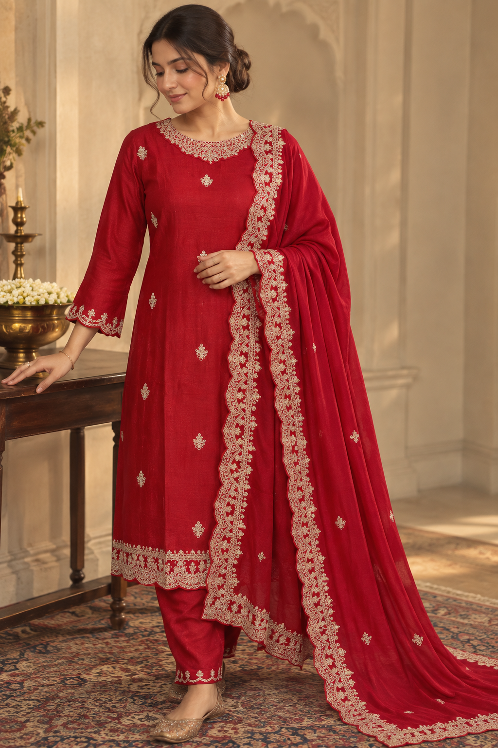 Ruby Floral Chinon Salwar Suit Set - front full standing view
