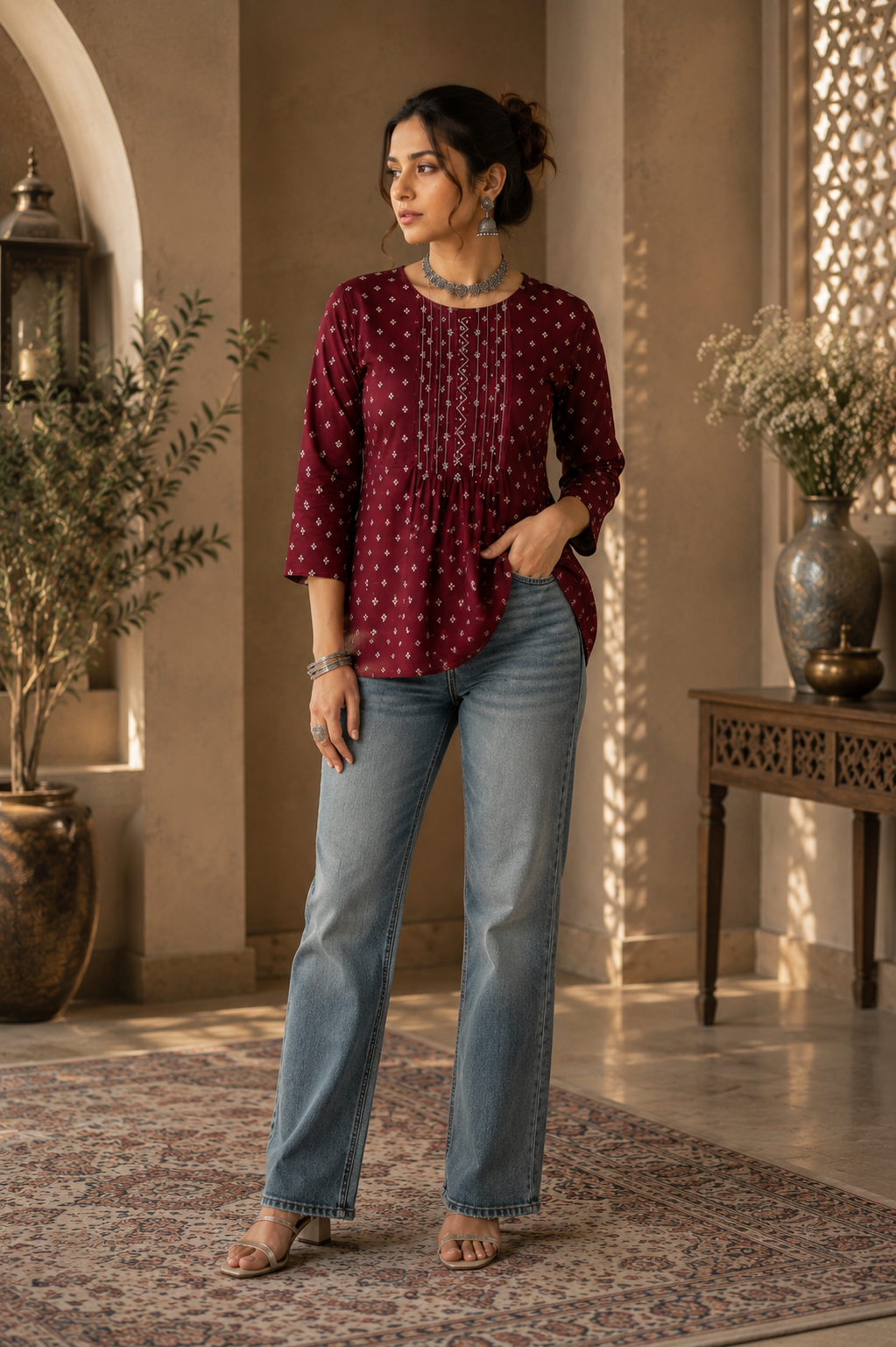 Maroon Ditsy Pintuck Kurti
