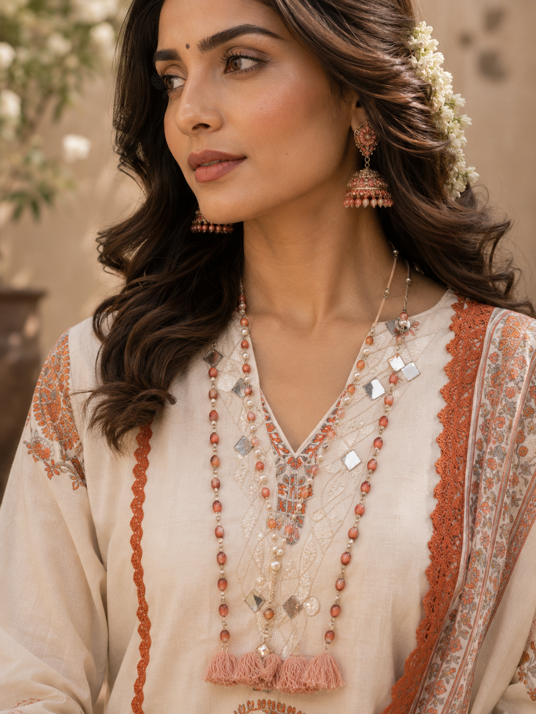 Ivory Paisley Kurta Set — mirror-work neckline and tassel detail