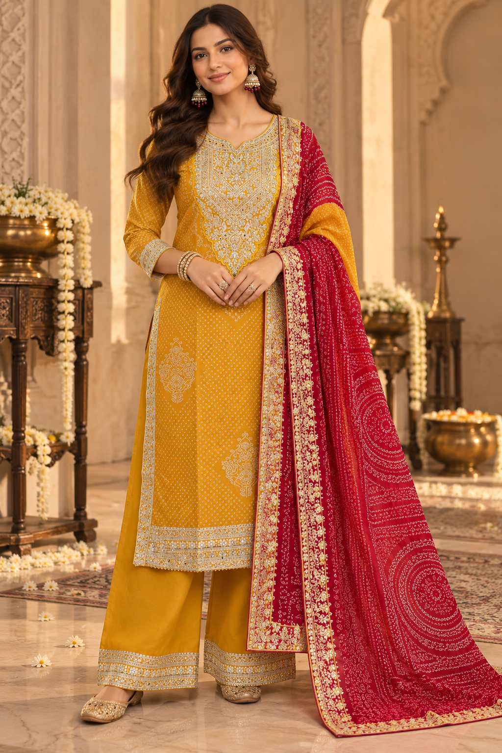 Mustard Bandhani Mirror Chinon Palazzo Suit Set - full standing view