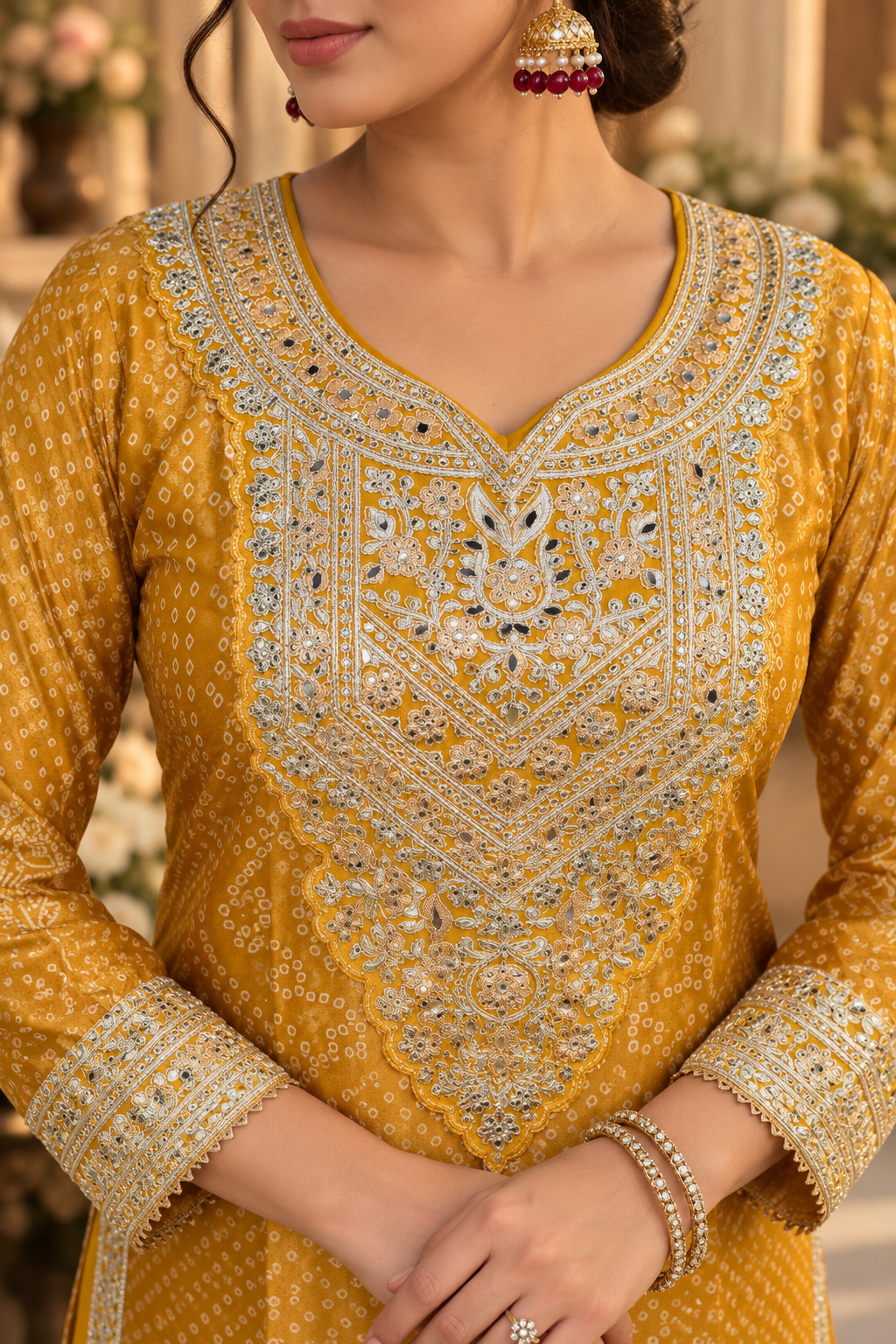 Mustard Bandhani Mirror Chinon Palazzo Suit Set - neckline embroidery close-up