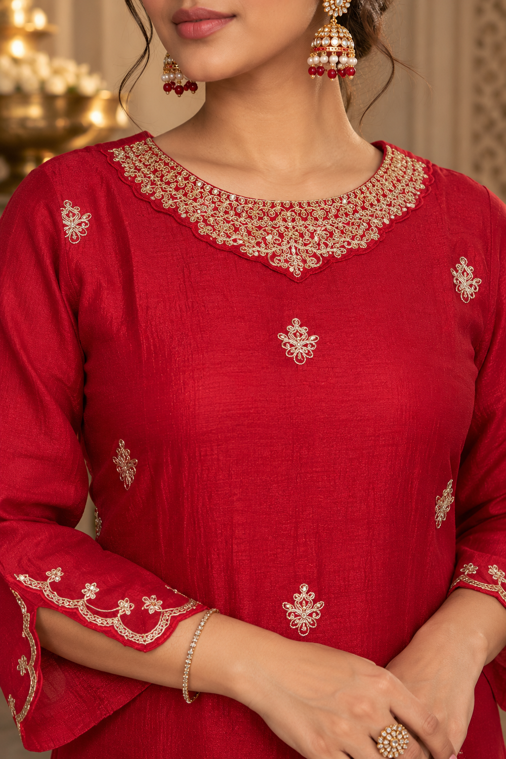 Ruby Floral Chinon Salwar Suit Set - neckline embroidery close-up