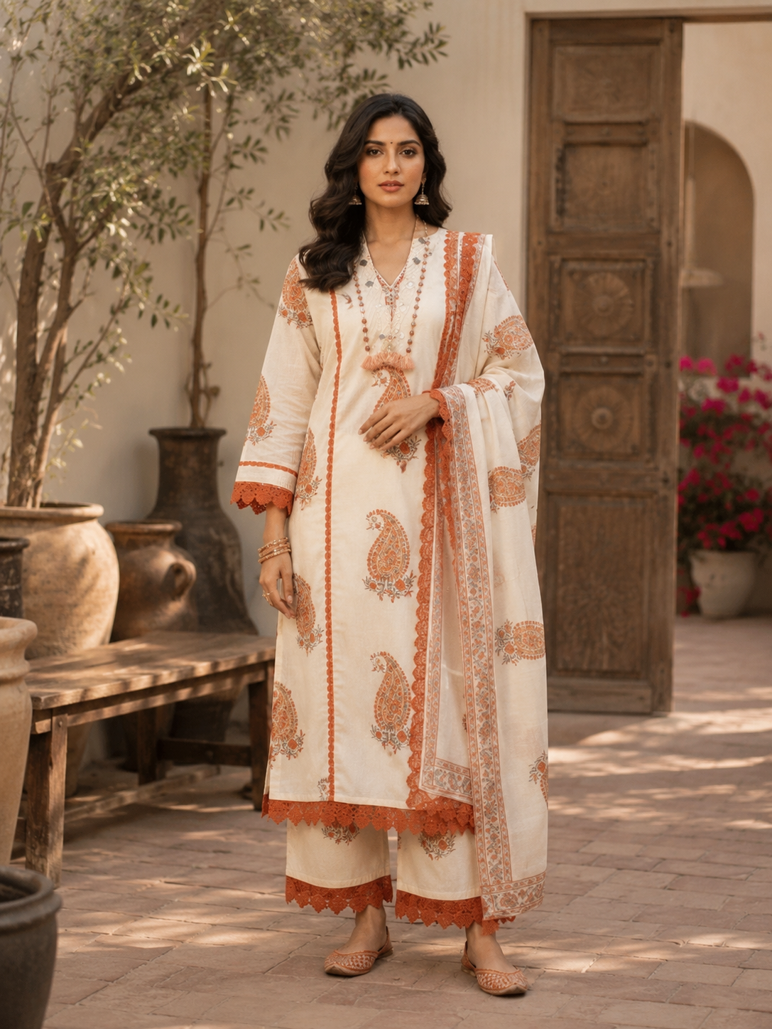 Ivory Paisley Kurta Set — standing full view