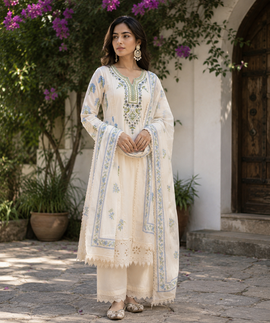 Ivory Bloom Kurta Set — standing full view with dupatta