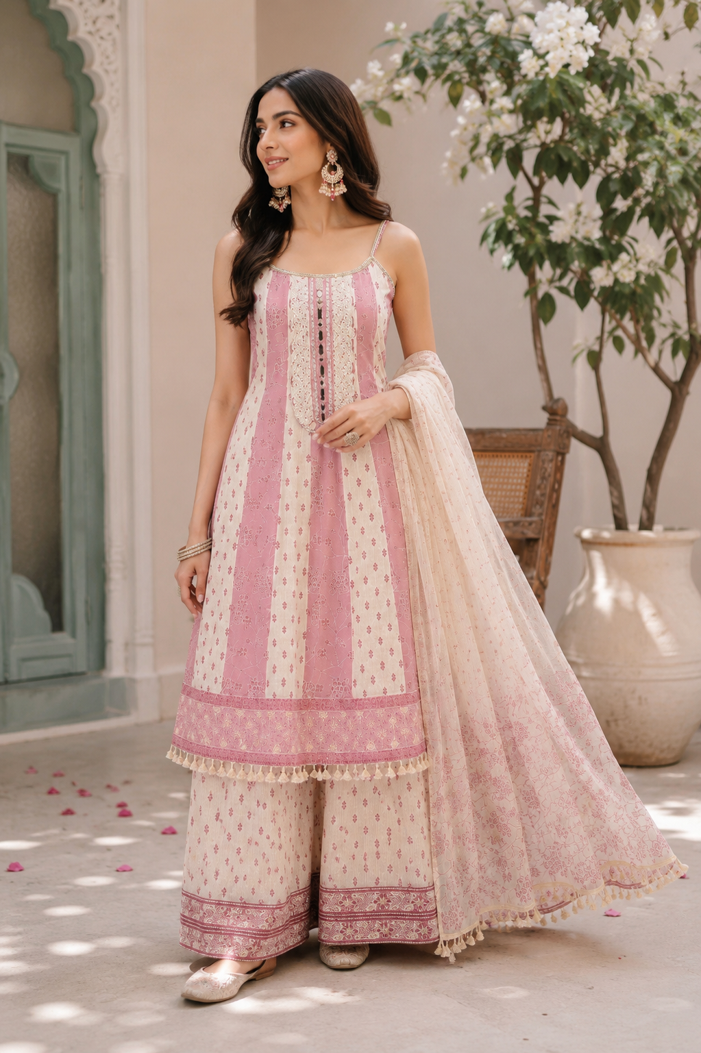 Rose Stripe Chikankari Sharara Set — three-quarter view with dupatta draped