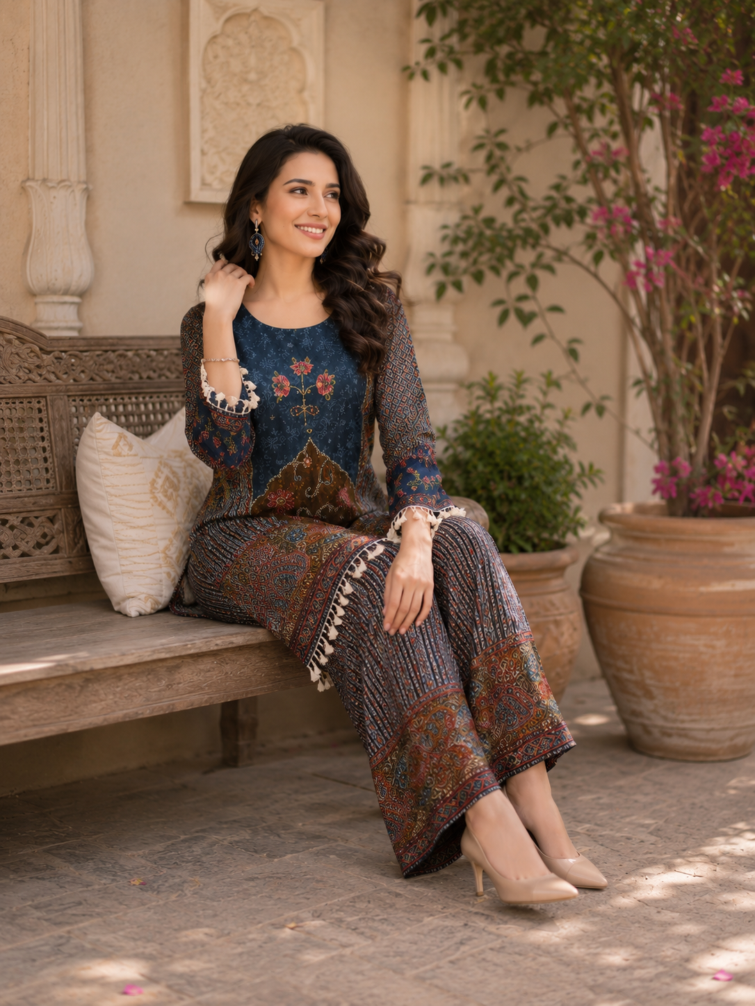 Teal Ajrakh Coord Set — seated view showing palazzo and full silhouette