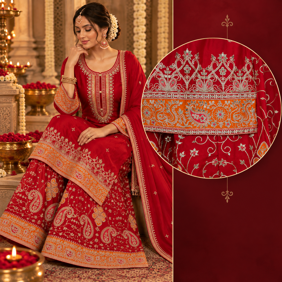 Crimson Paisley Chinon Gharara Suit Set - seated with embroidery detail