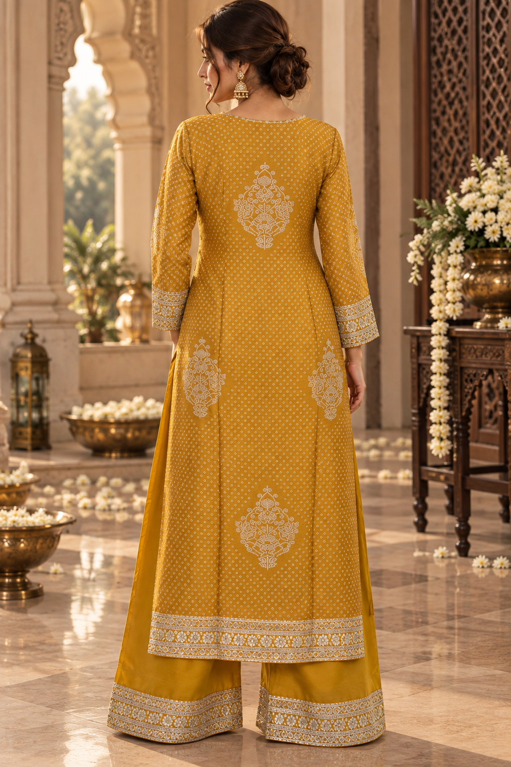Mustard Bandhani Mirror Chinon Palazzo Suit Set - back view