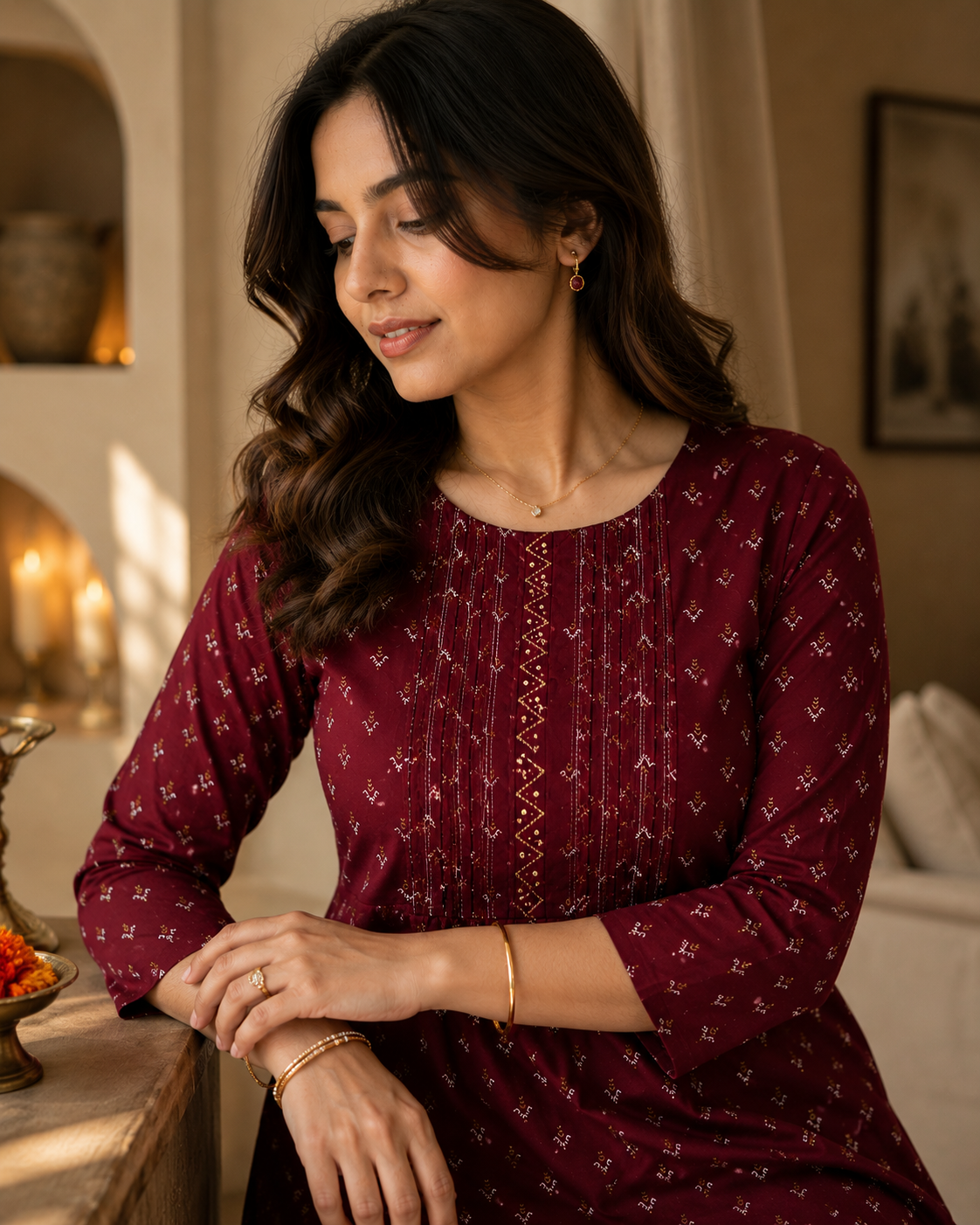 Maroon Ditsy Pintuck Kurti