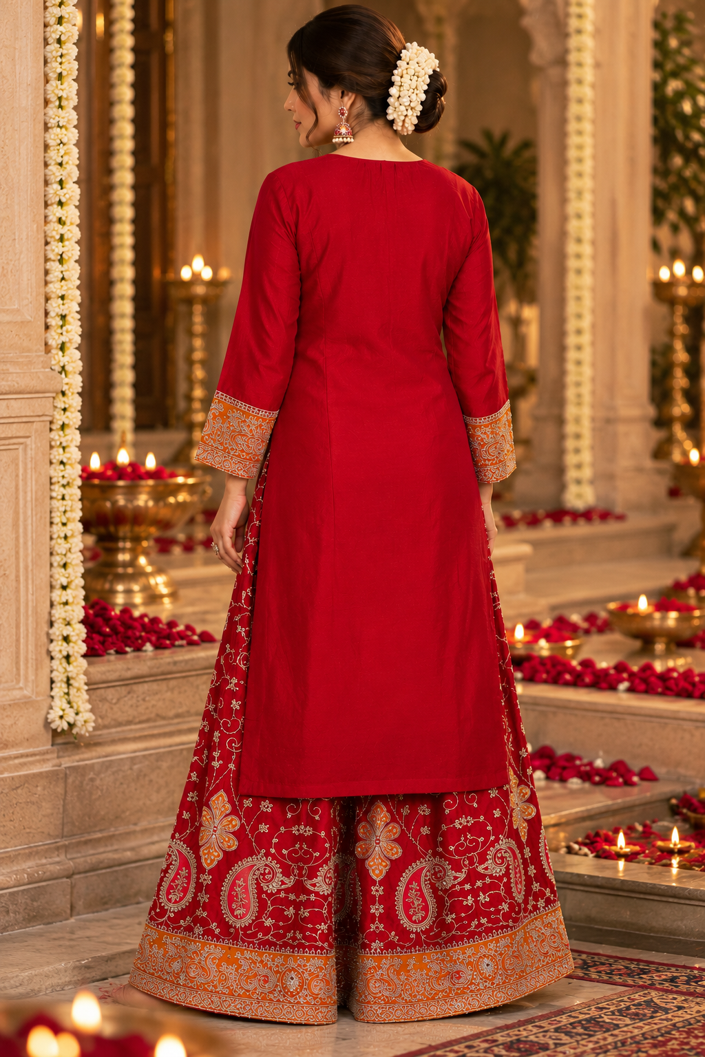 Crimson Paisley Chinon Gharara Suit Set - seated pose