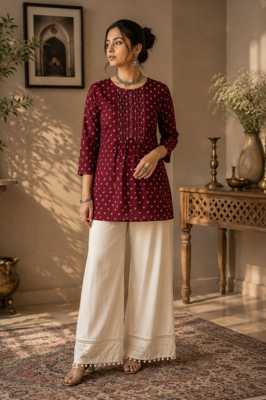 Maroon Ditsy Pintuck Kurti
