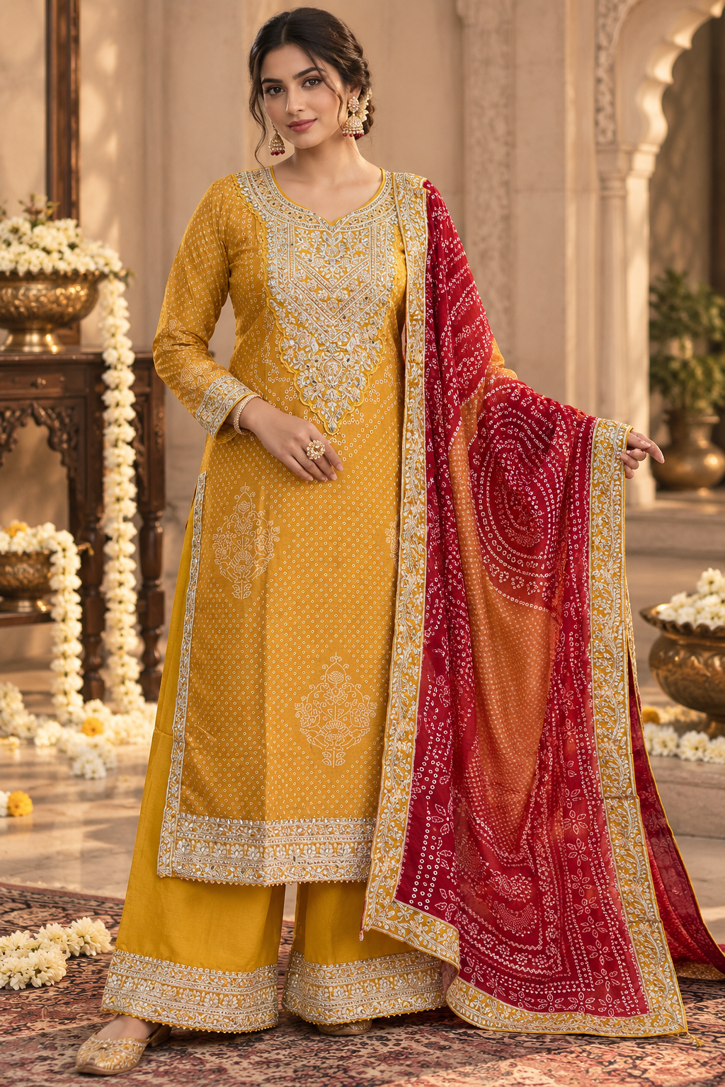 Mustard Bandhani Mirror Chinon Palazzo Suit Set - front full with red dupatta