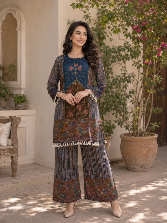 Teal Ajrakh Coord Set — full standing view showing ajrakh print and tassel hemline