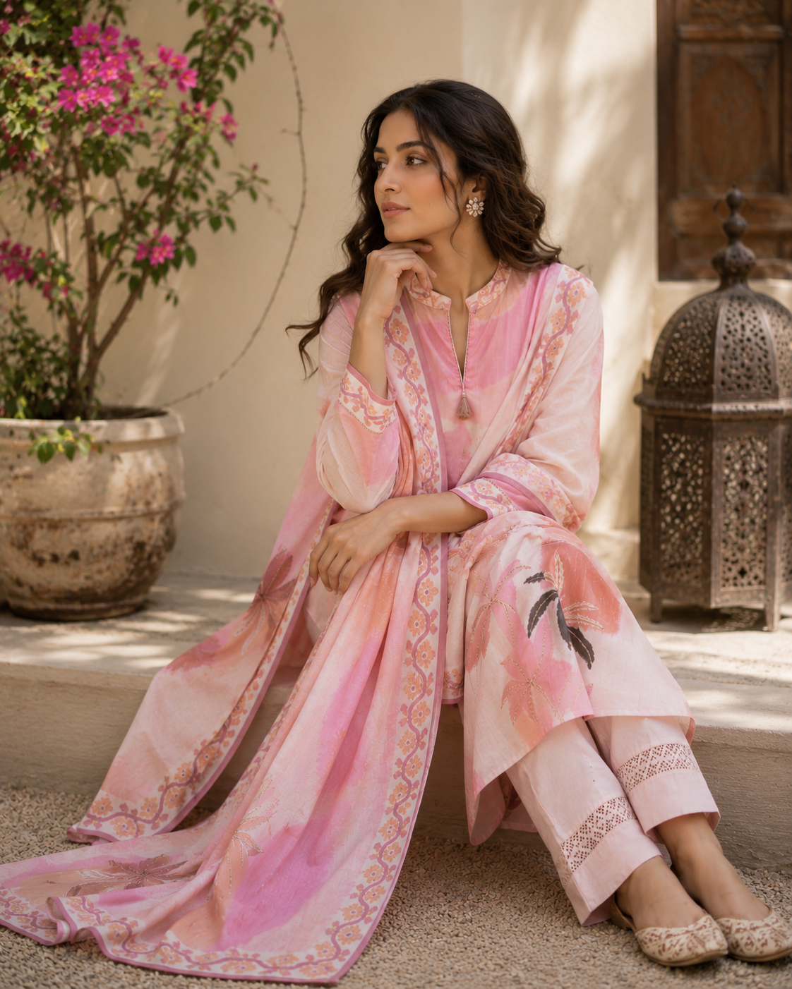 Blush Botanical Kurta Set — seated view with dupatta draped