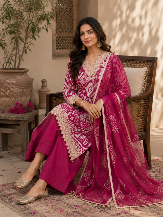 Magenta bandhani kurta set — seated view with dupatta