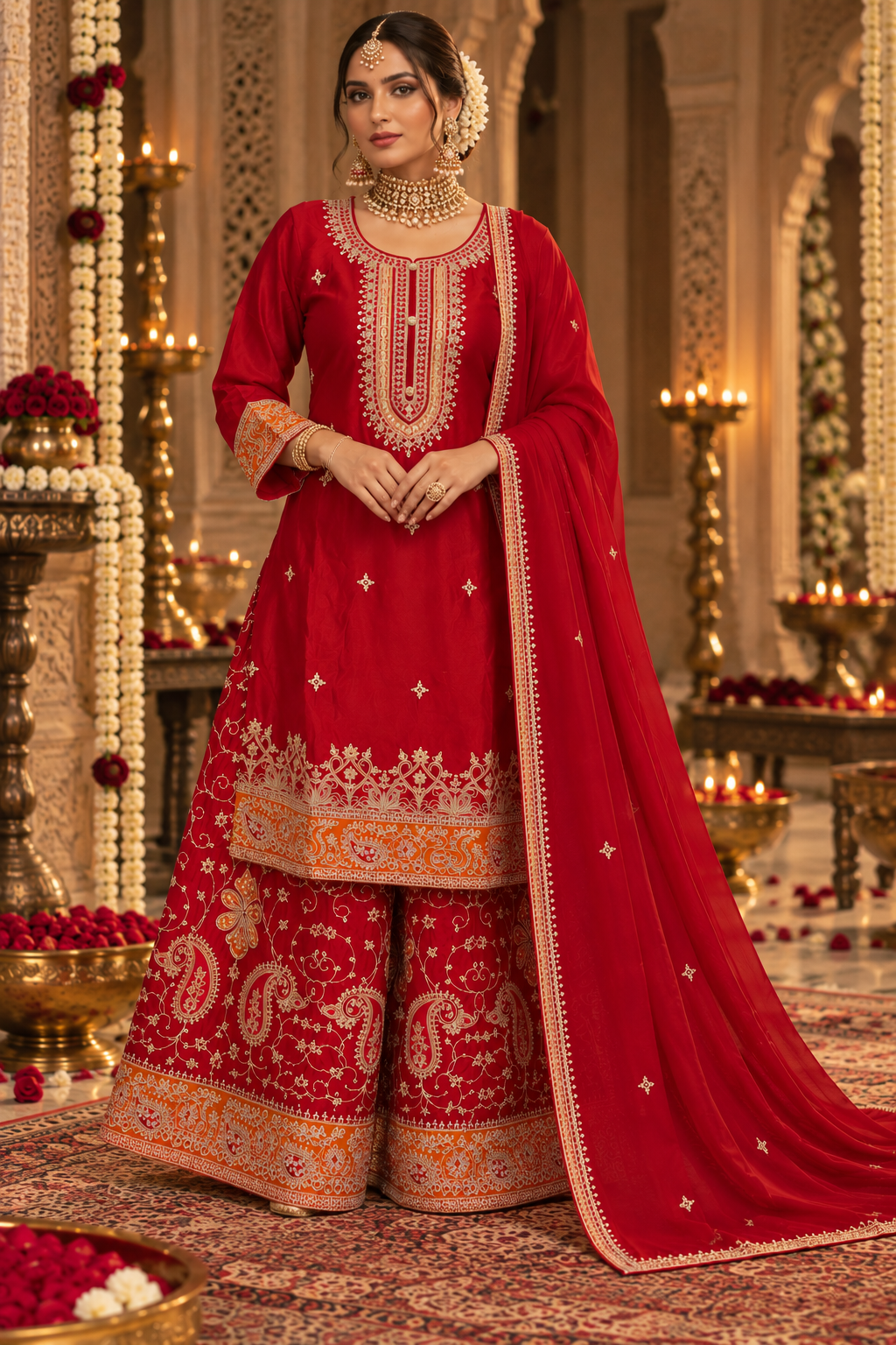 Crimson Paisley Chinon Gharara Suit Set - neckline close-up