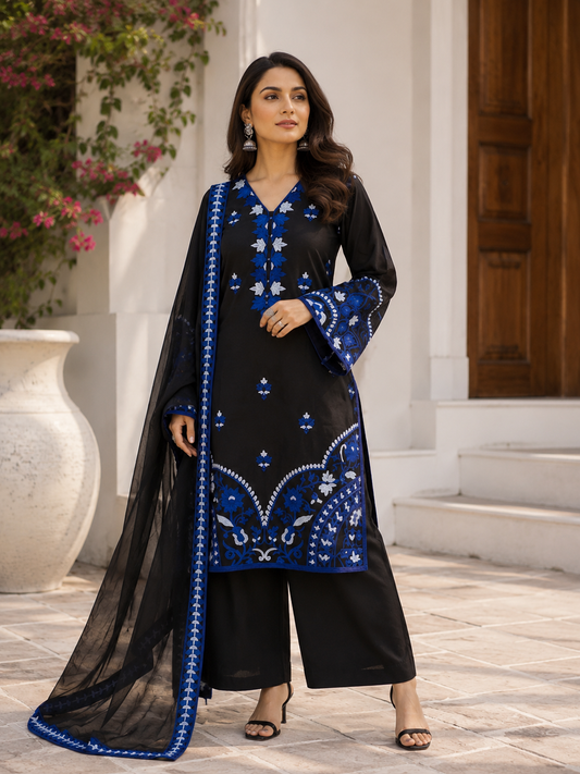 Midnight Blue Embroidered Kurta Set — close-up of V-neckline and blue-silver embroidery