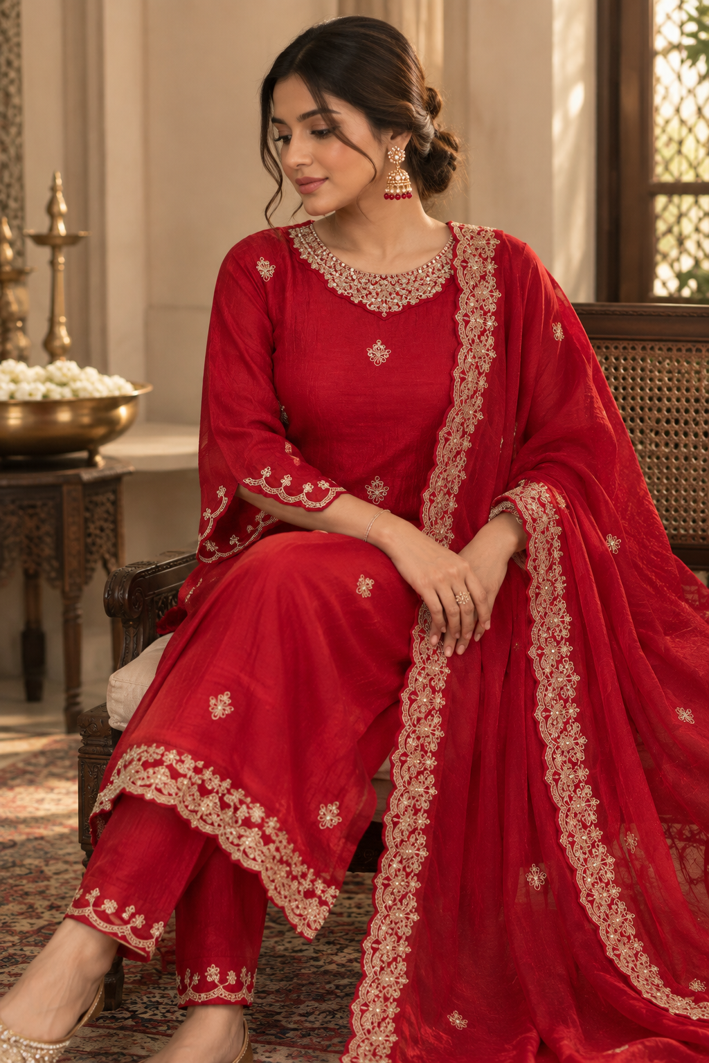 Ruby Floral Chinon Salwar Suit Set - seated pose