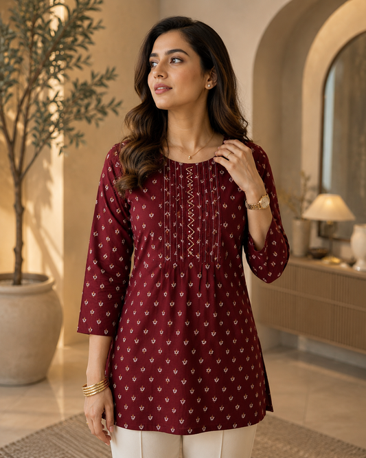 Maroon Ditsy Pintuck Kurti