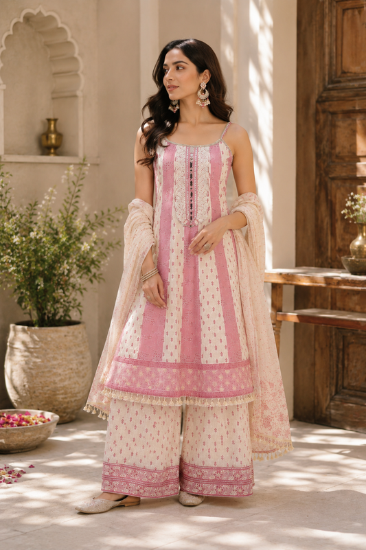 Rose Stripe Chikankari Sharara Set — full standing view showing sharara and dupatta
