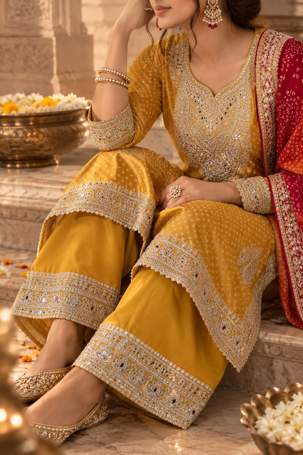 Mustard Bandhani Mirror Chinon Palazzo Suit Set - seated close-up