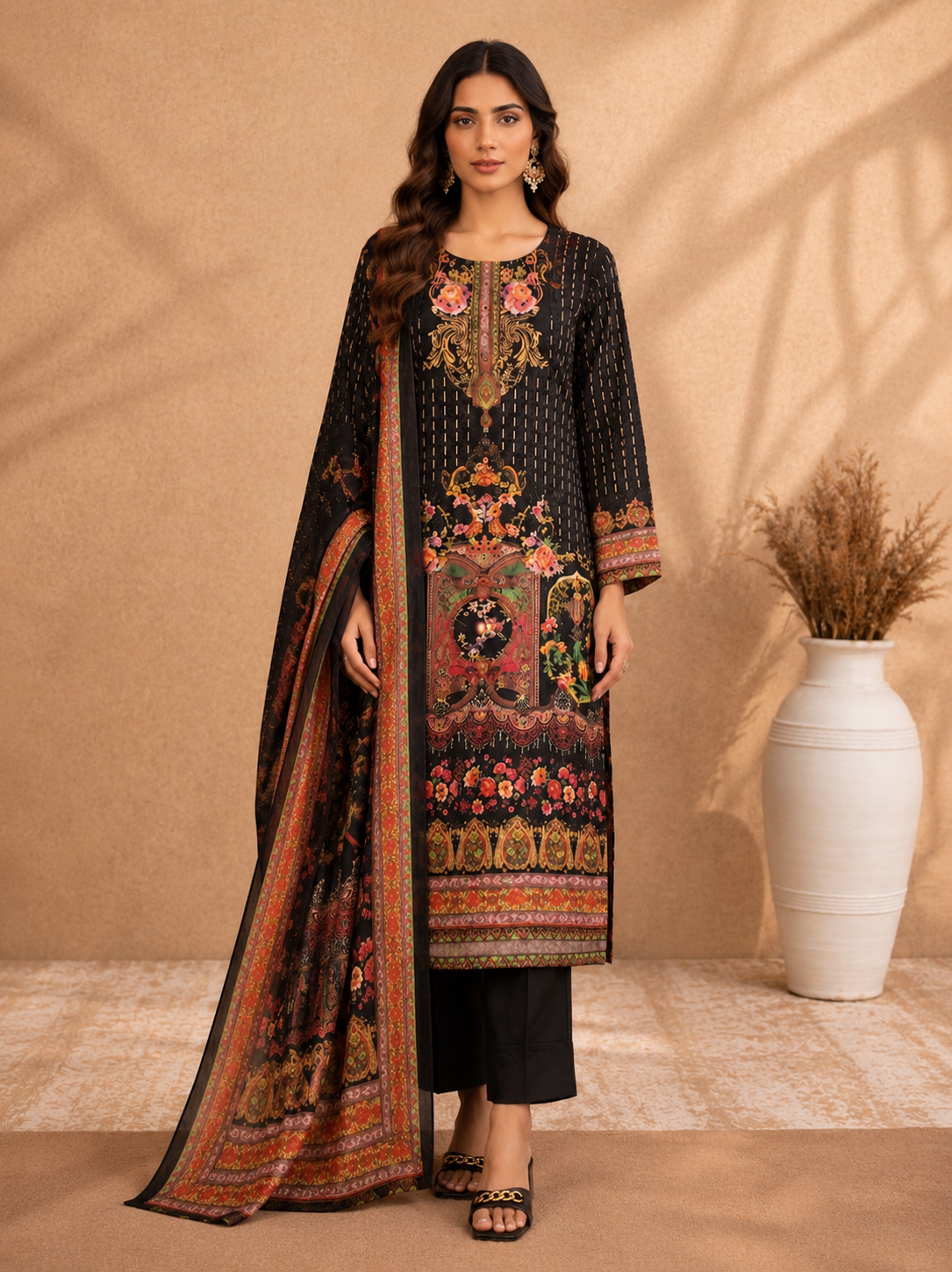 Black floral printed muslin kurta set - full length front view