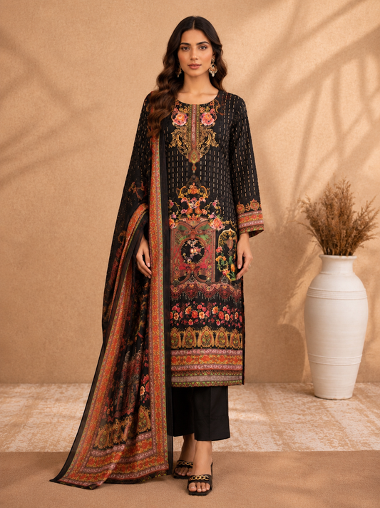Black floral printed muslin kurta set - full length front view