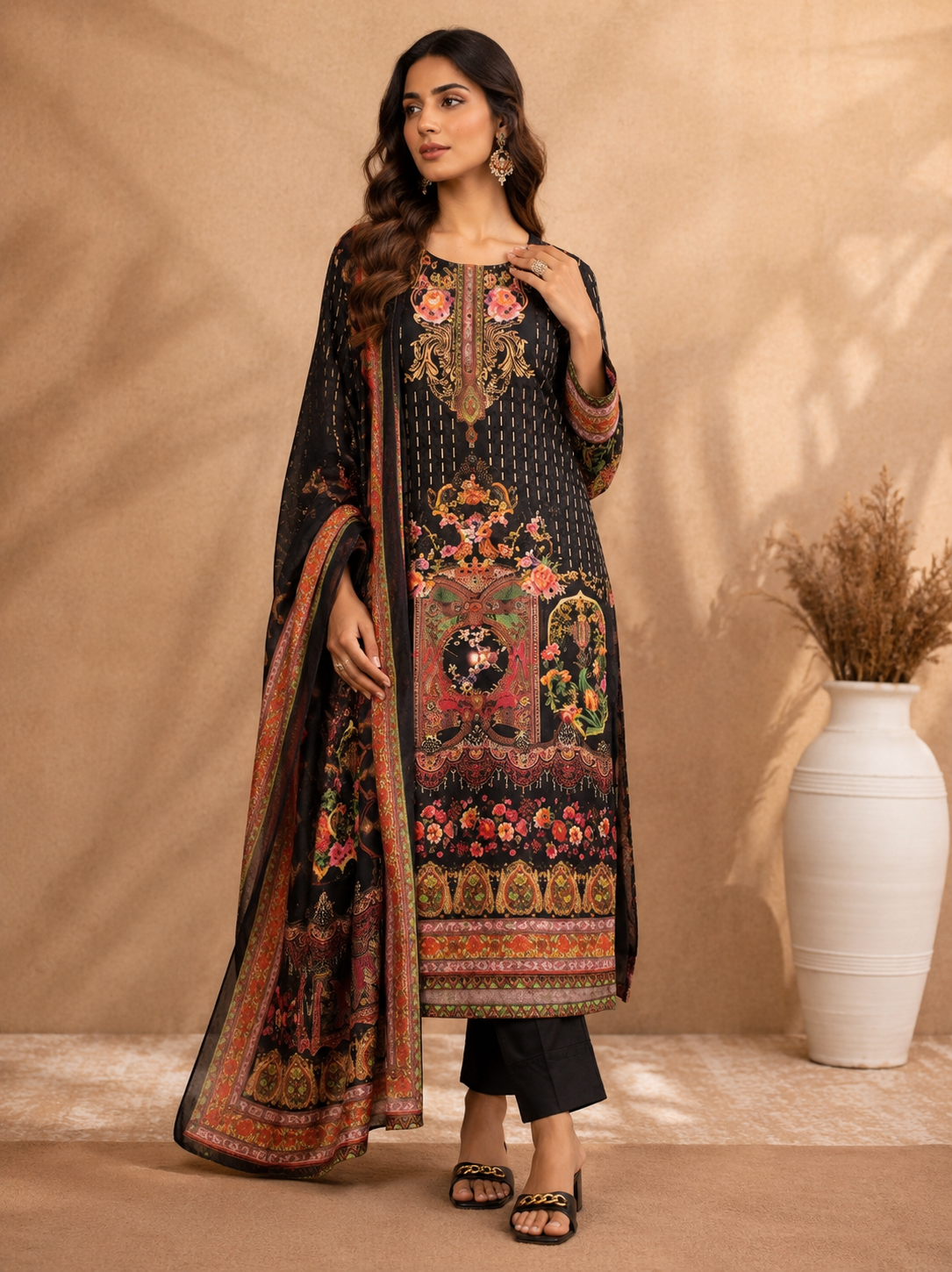 Black floral printed muslin kurta set - full length side view