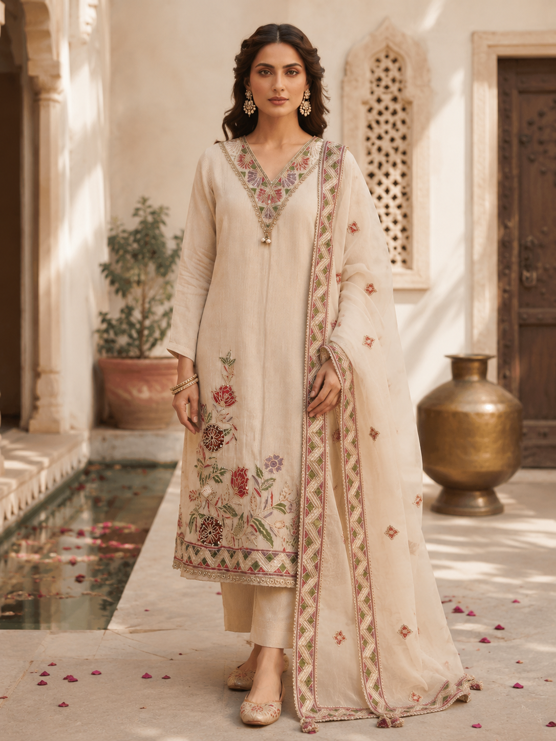 Ivory shimmer embroidered kurta set - seated pose