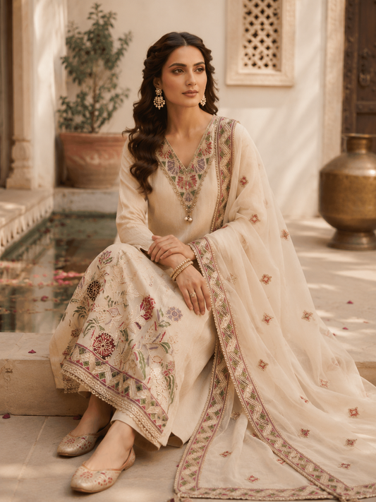 Ivory shimmer embroidered kurta set - full length view