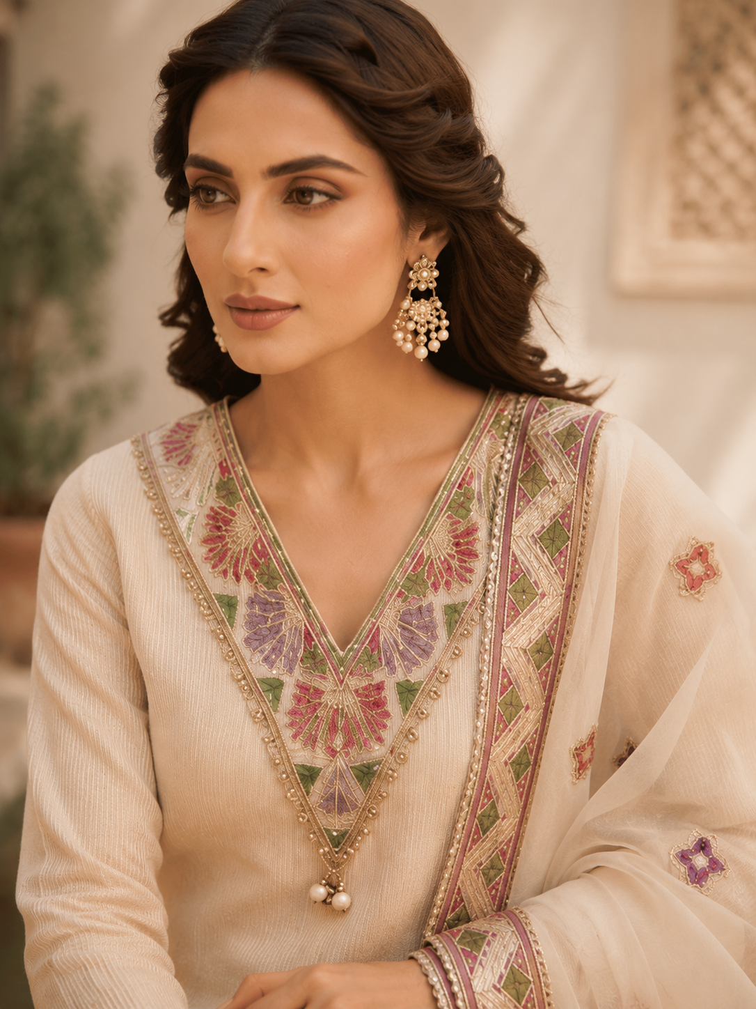 Ivory shimmer embroidered kurta set - neckline detail