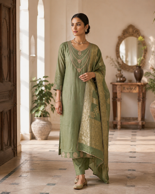 Olive Roman silk kurta set with Banarasi dupatta - full length standing