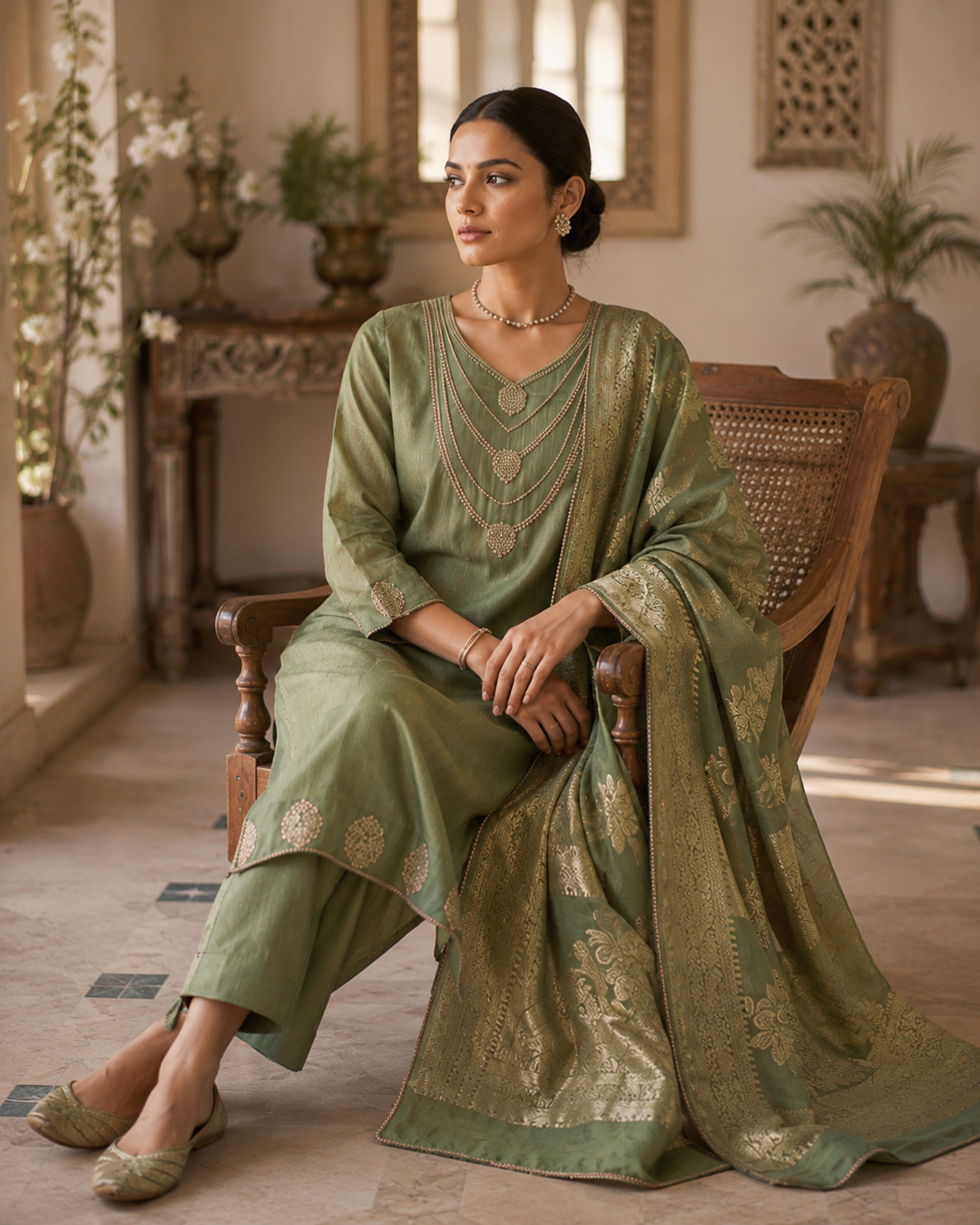 Olive Roman silk kurta set - seated pose