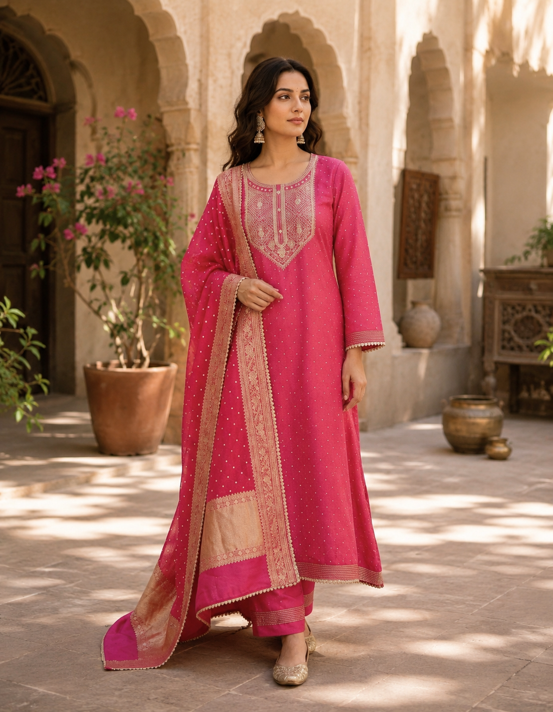 Pink Roman silk kurta set - full length outdoor pose