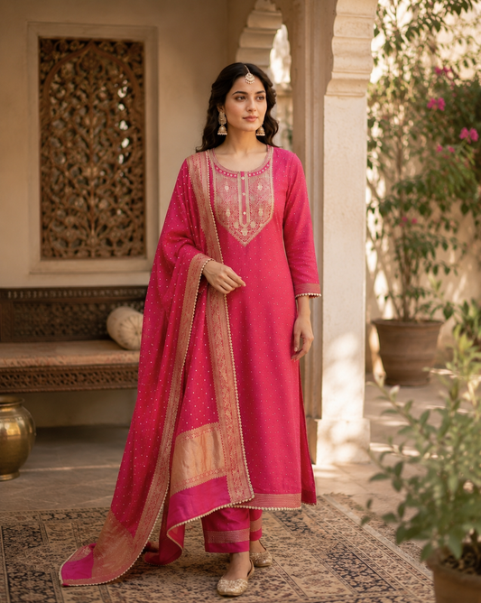 Pink Roman silk kurta set with Banarasi dupatta - full length standing